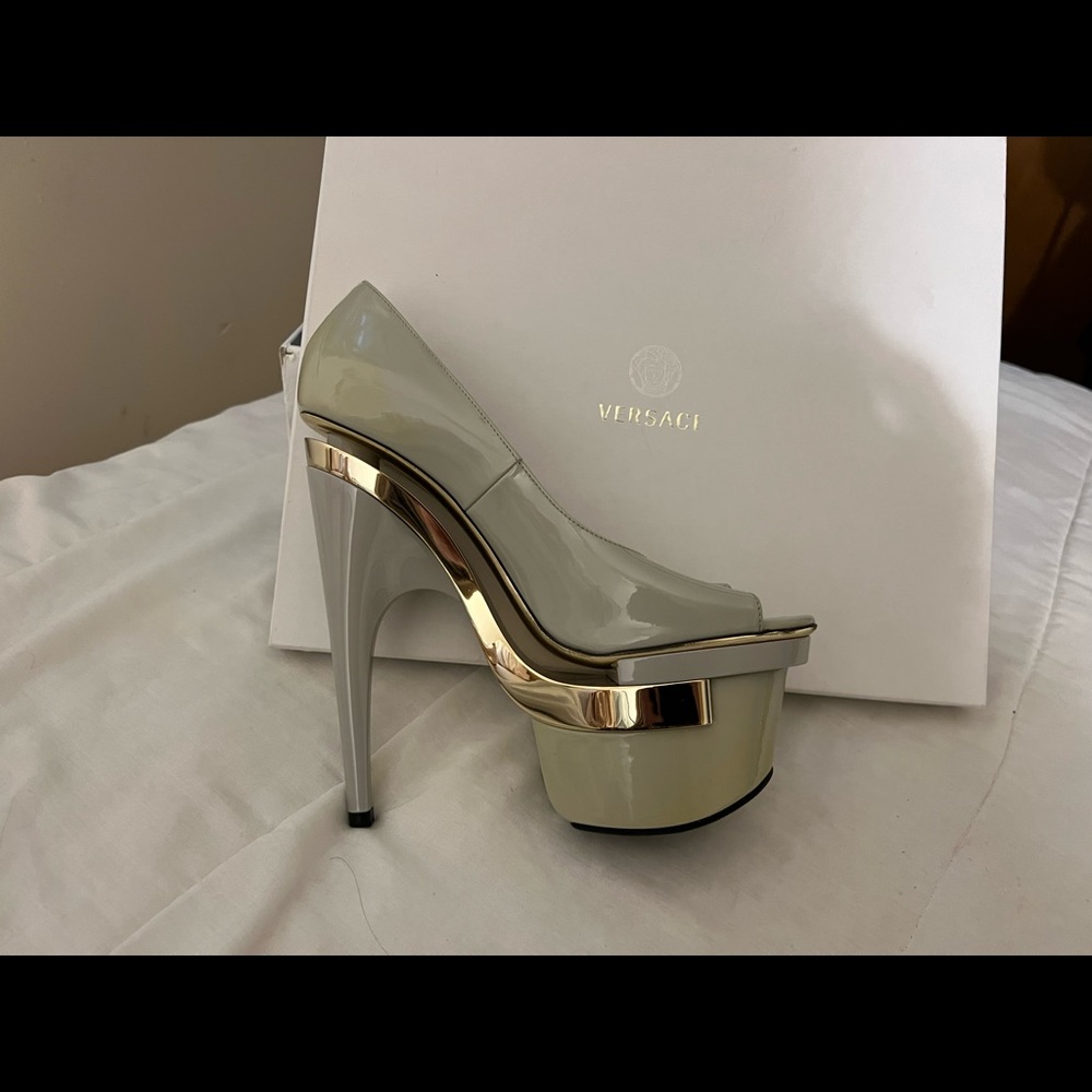 Versace Color Block Open Toe Patent Wedge Platform Women’s Heels